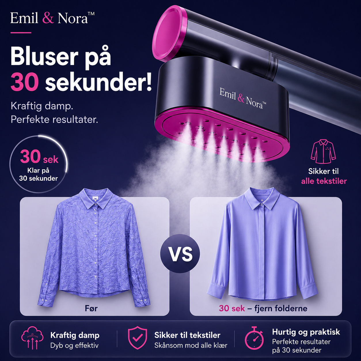 Emil & Nora™ – Rejsedamper Pro – Få krølfrit tøj på 15 sekunder – uden strygebræt.